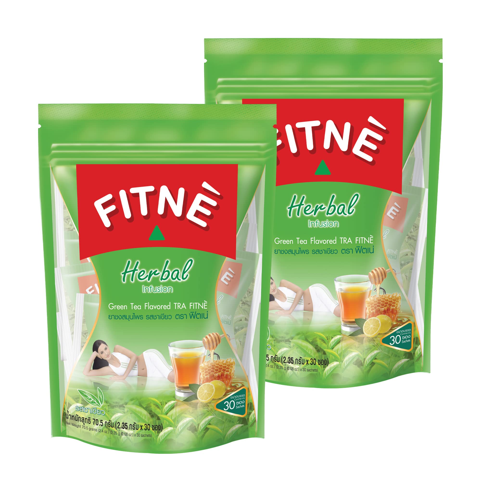 FITNE packaging for Green Tea Herbal Honey Lemon infusion with natural herbal blend