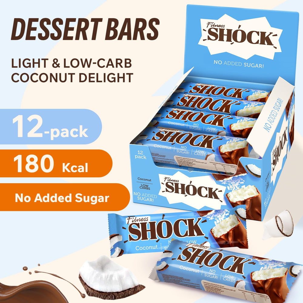 FitnesSHOCK coconut bars 180 calories per bar, portion-controlled.