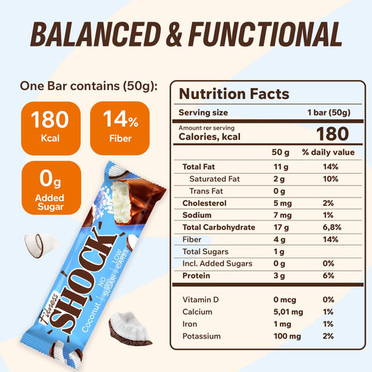 FitnesSHOCK coconut bars chocolate coating close-up, creamy texture.