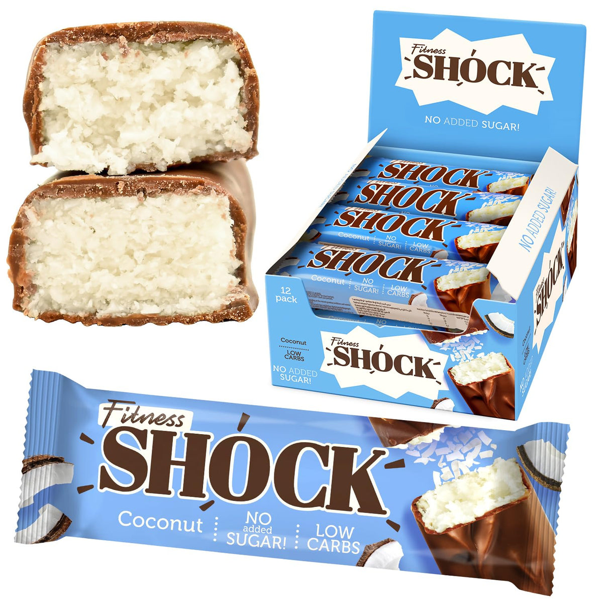 FitnesSHOCK coconut snack bars 12-pack, on-the-go convenience.