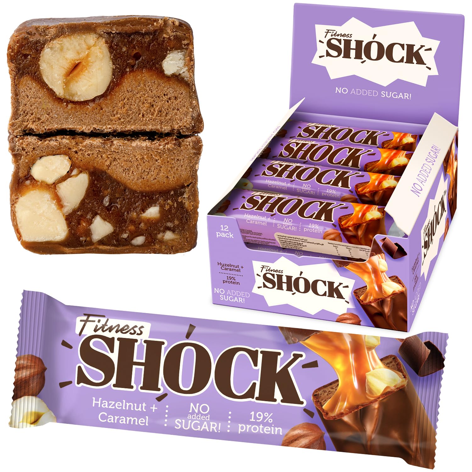 FitnesSHOCK hazelnuts caramel bar close-up with chocolate coating for a dessert-inspired snack.