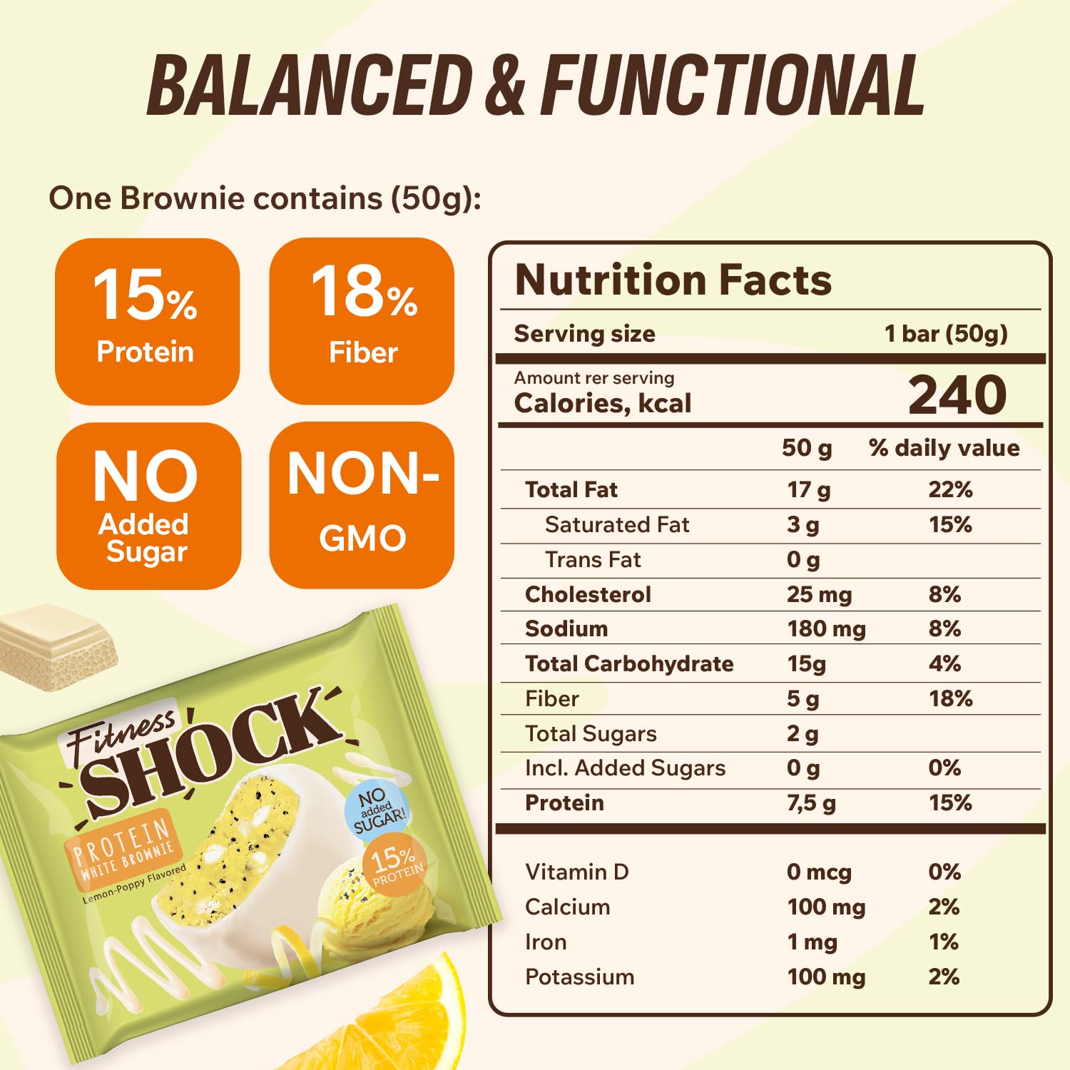 FitnesSHOCK brownie with lemon poppy seed, great as a light afternoon treat