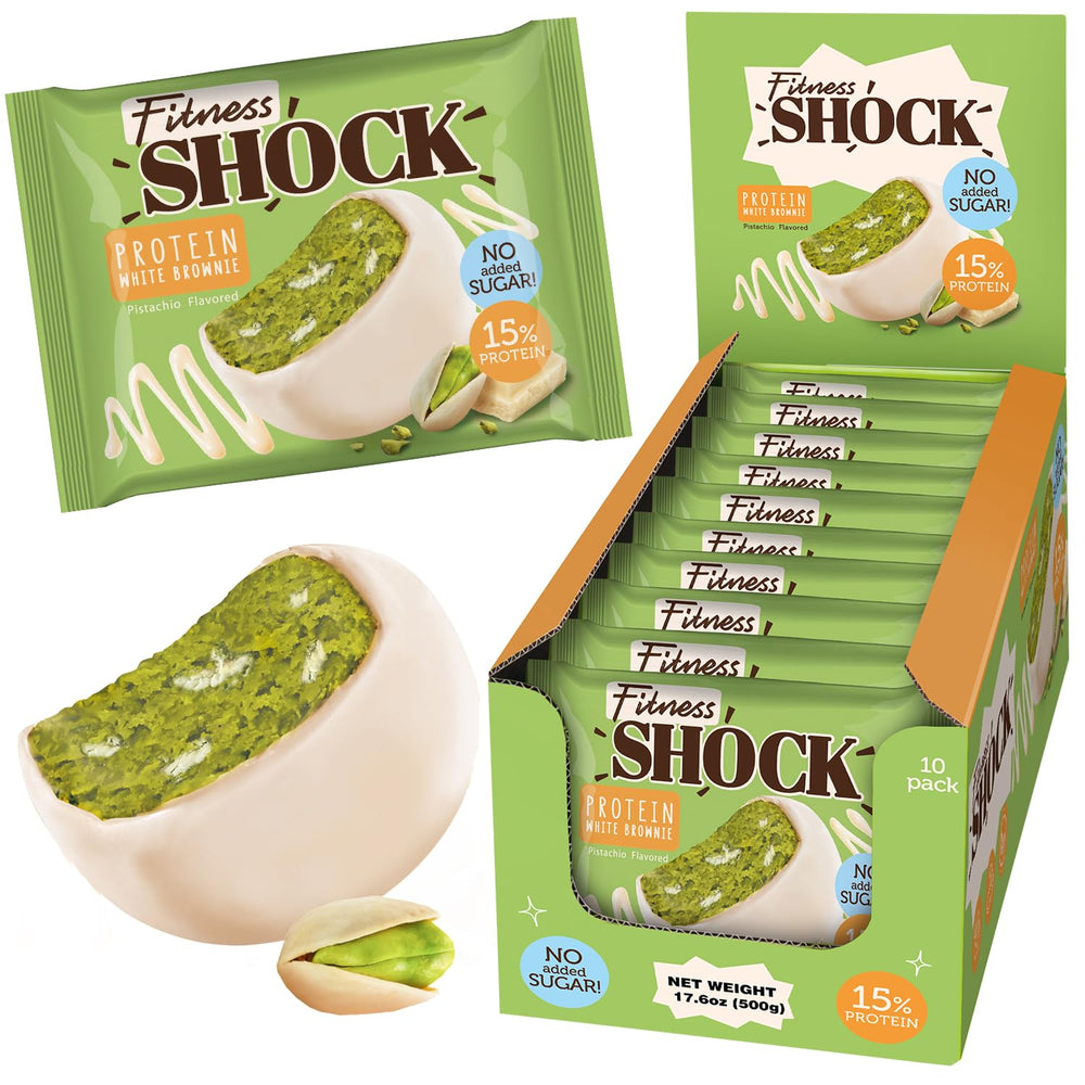 FitnesSHOCK pistachio brownie with white chocolate coating, a rich, nutty finish for a balanced treat.