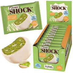 FitnesSHOCK pistachio brownie with white chocolate coating, a rich, nutty finish for a balanced treat.