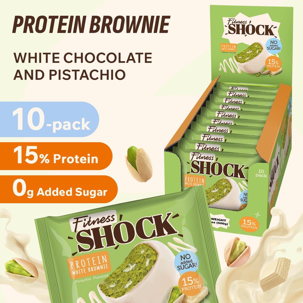 FitnesSHOCK brownie texture close-up shows soft-baked, tender bite, ideal as a cozy snack.