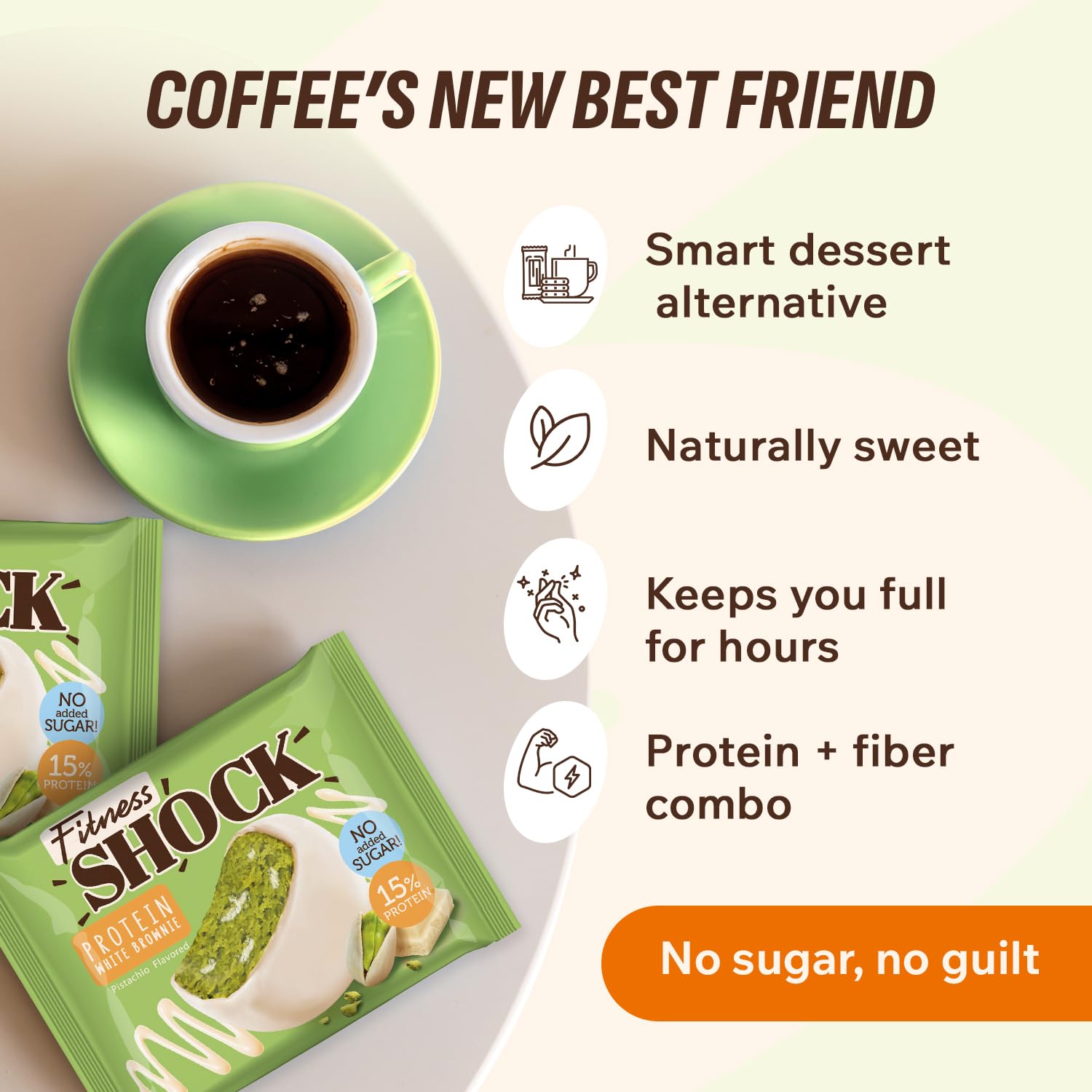 FitnesSHOCK brownie with tea or coffee, a balanced indulgence.