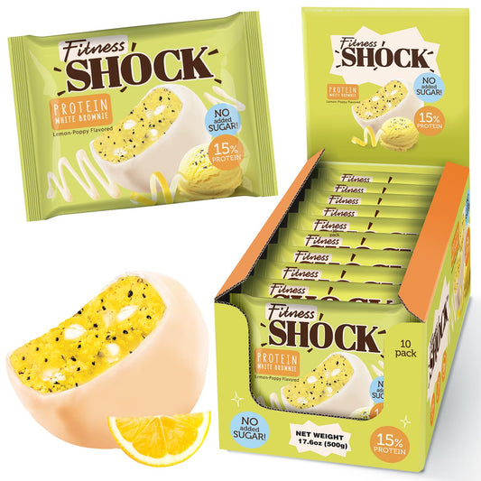 FitnesSHOCK protein brownie with white chocolate lemon coating, ideal for a quick dessert