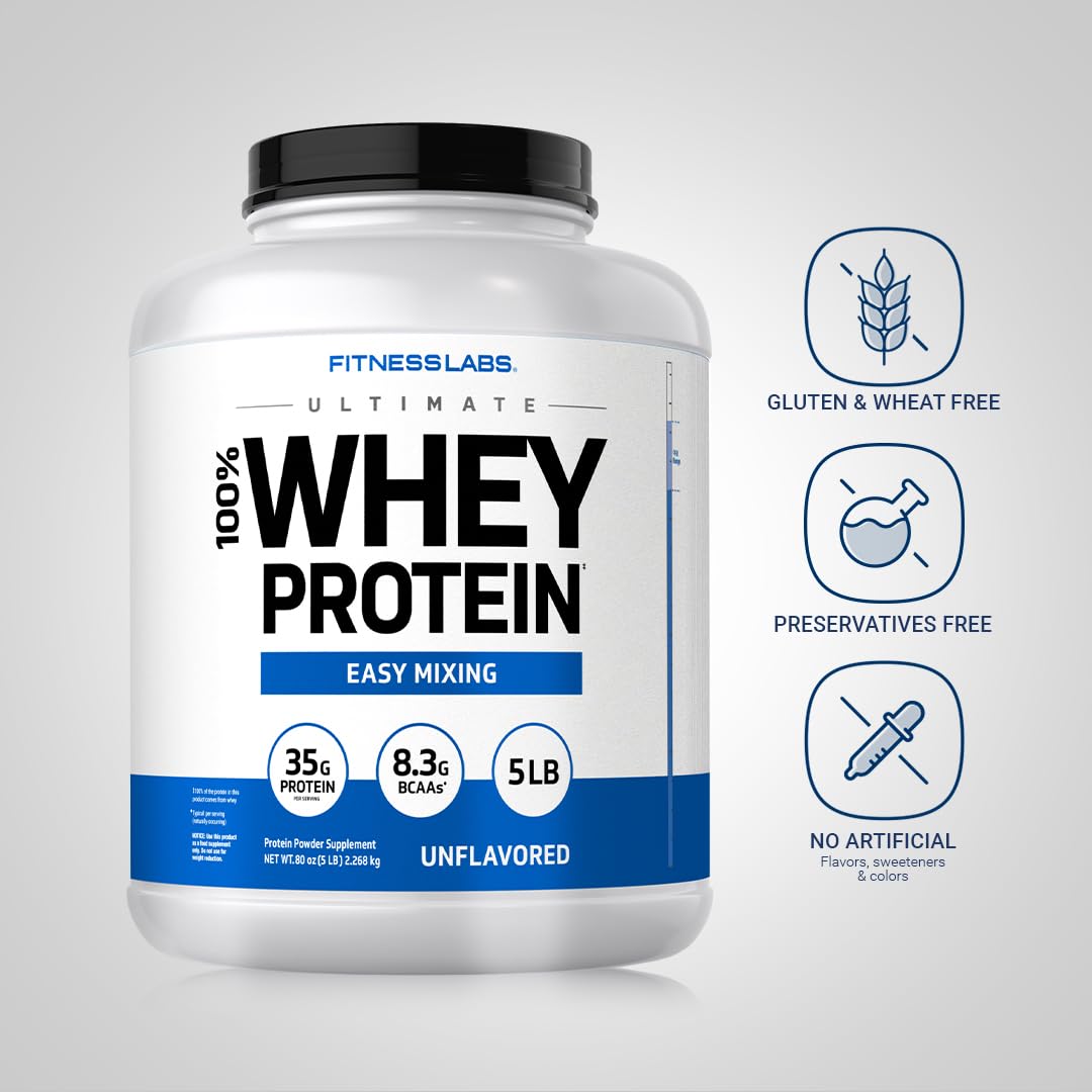 Fitness Labs Whey Protein Powder Unflavored label-closeup highlights quality ingredients.