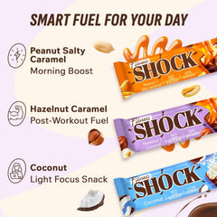 Individually wrapped FitnesSHOCK bar packaging closeup for travel and convenience.