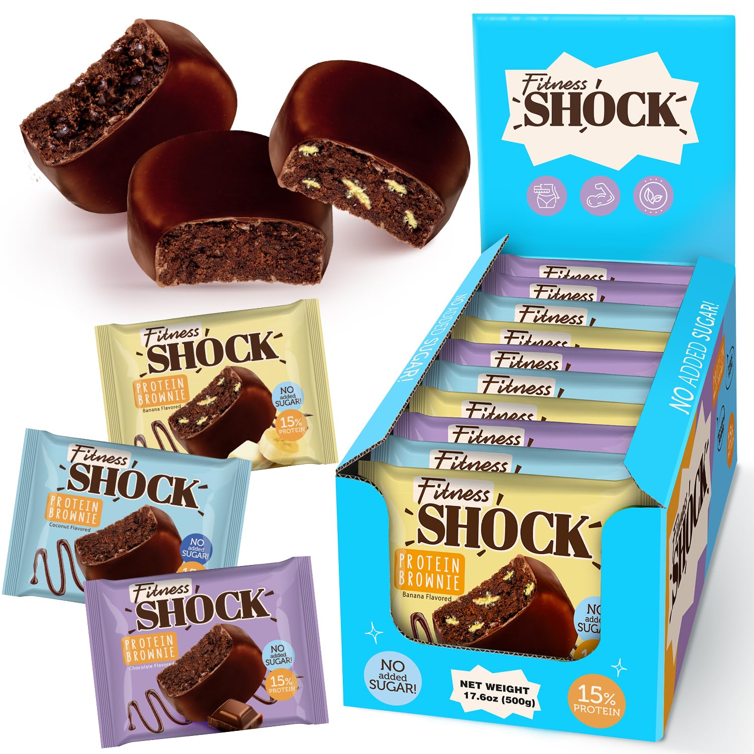 FitnesSHOCK dark chocolate brownie pack, rich flavor with low sugar.