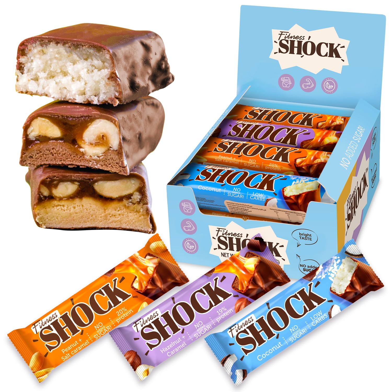 FitnesSHOCK peanut salted caramel bar on desk for a quick protein boost.