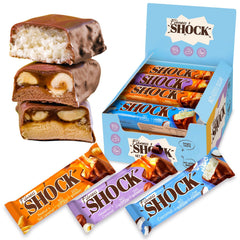 FitnesSHOCK peanut salted caramel bar on desk for a quick protein boost.