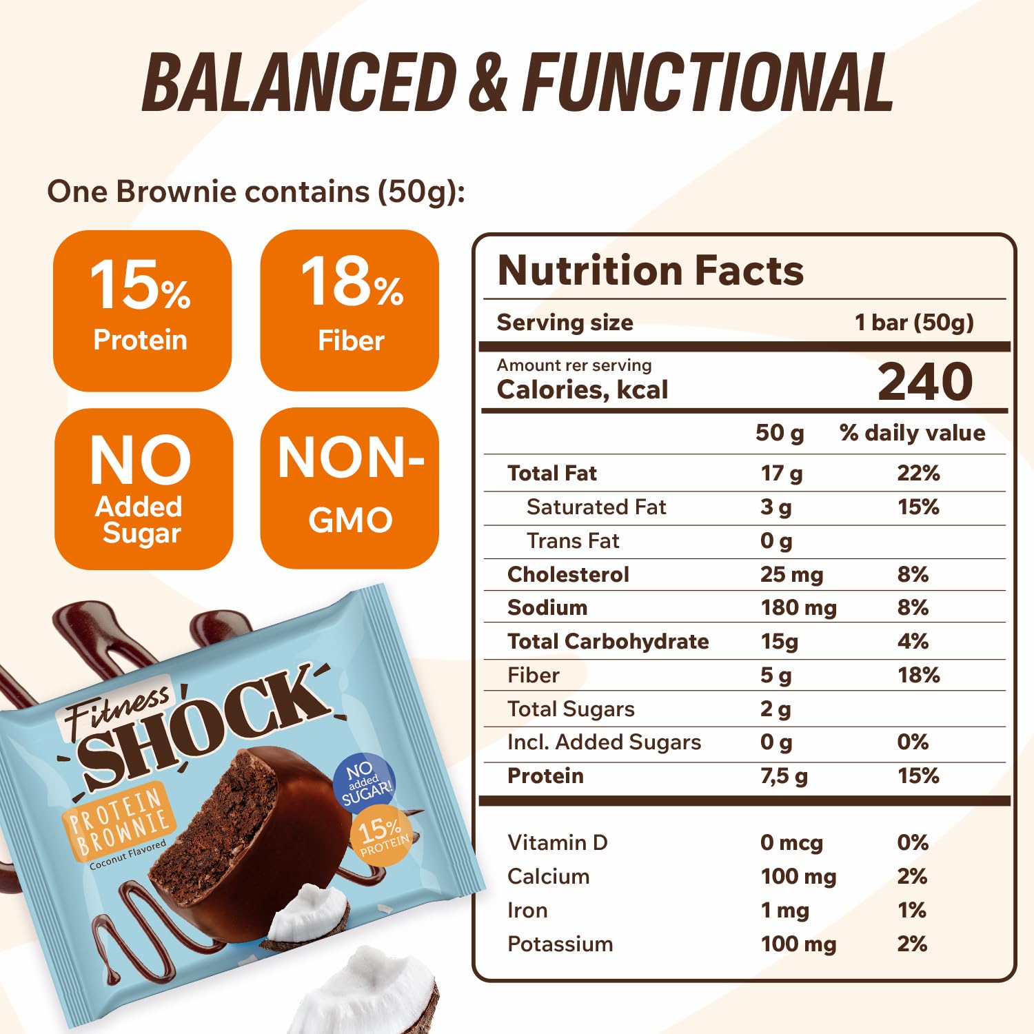 Close-up of FitnesSHOCK brownie bar highlighting dark chocolate coconut flavor.