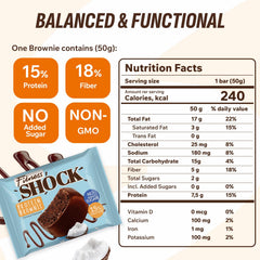 Close-up of FitnesSHOCK brownie bar highlighting dark chocolate coconut flavor.