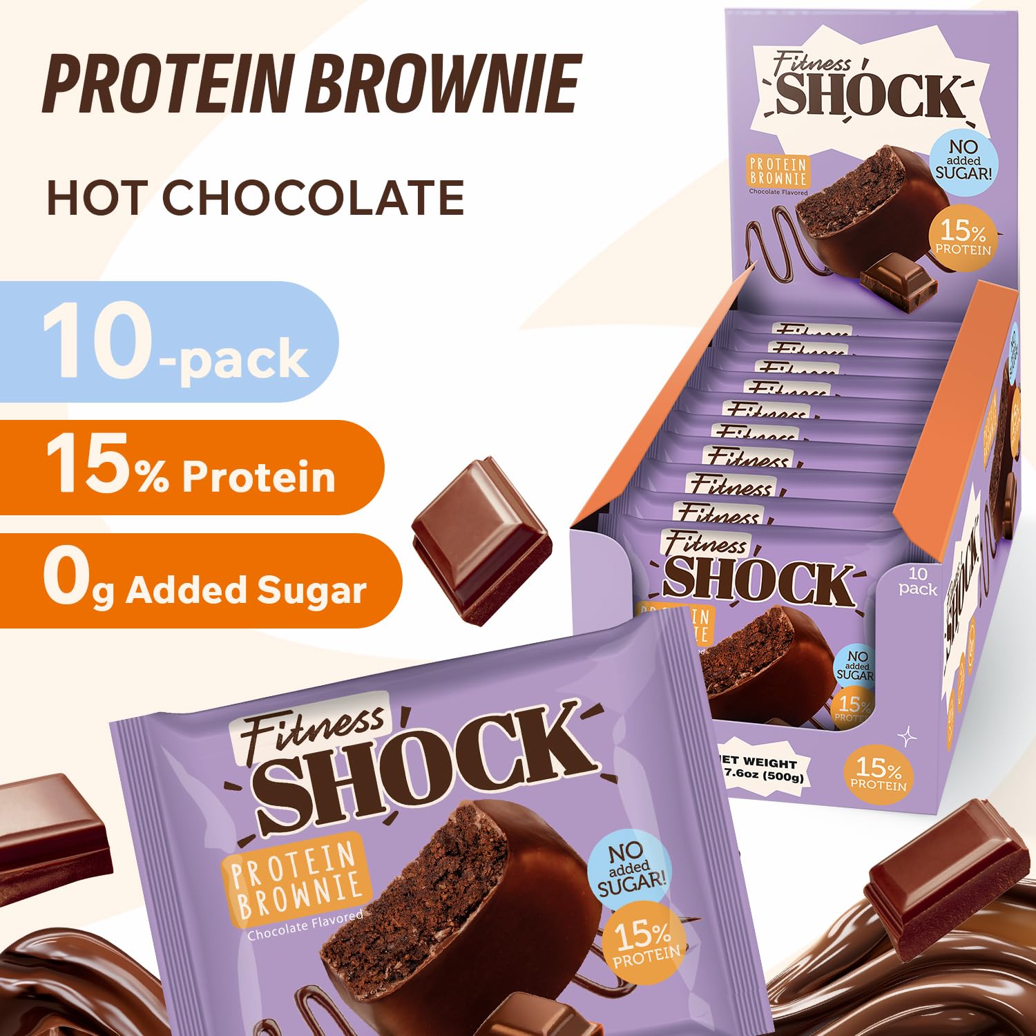 FitnesSHOCK brownie dark coating close-up showcasing deep chocolate flavor.