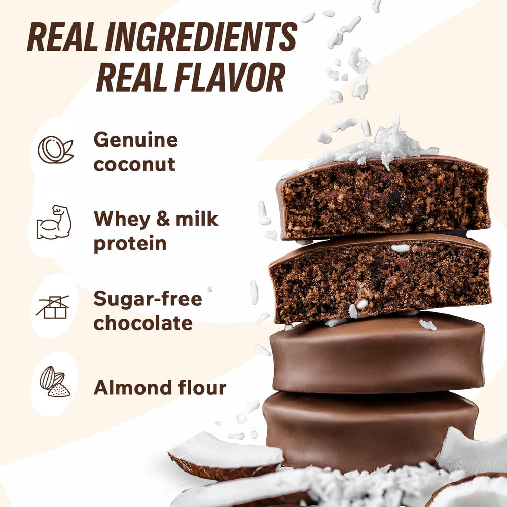 White chocolate cookie cream coating visible on FitnesSHOCK brownie for balanced sweetness.