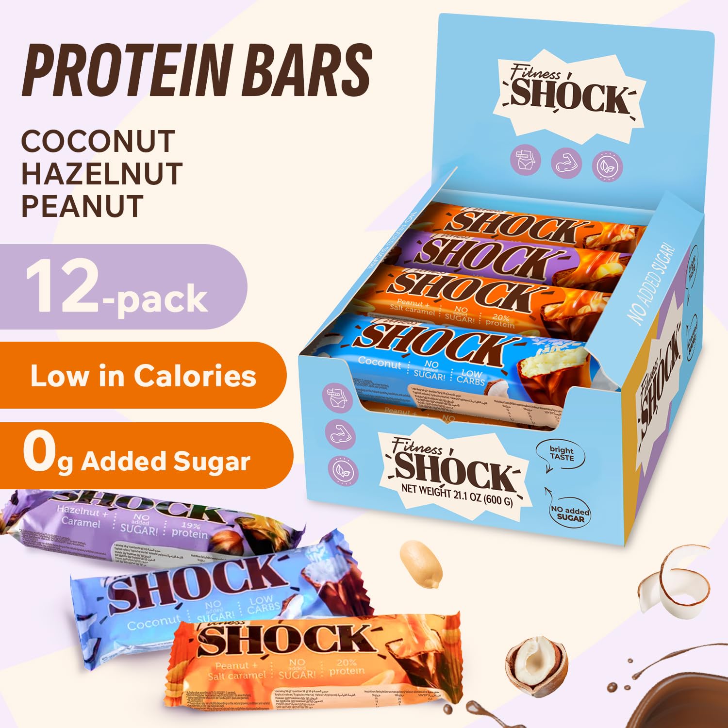 Variety pack box showing three flavors for daily snack variety from FitnesSHOCK.