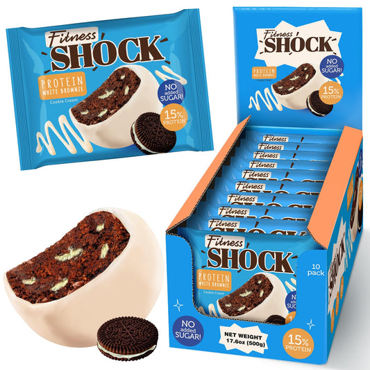 FitnesSHOCK protein brownies cookie cream pack shot emphasizing convenient, portion-controlled snack options