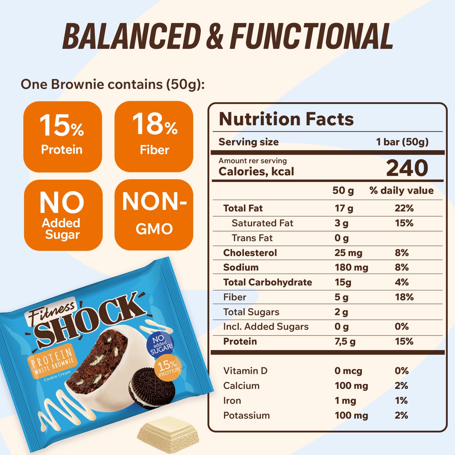 FitnesSHOCK protein brownies cookie cream wrapped bars for on-the-go indulgence