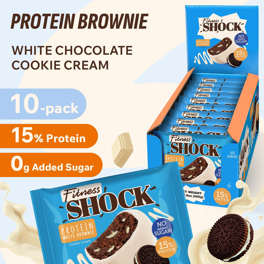 FitnesSHOCK white chocolate coating closeup highlights creamy flavor and balance