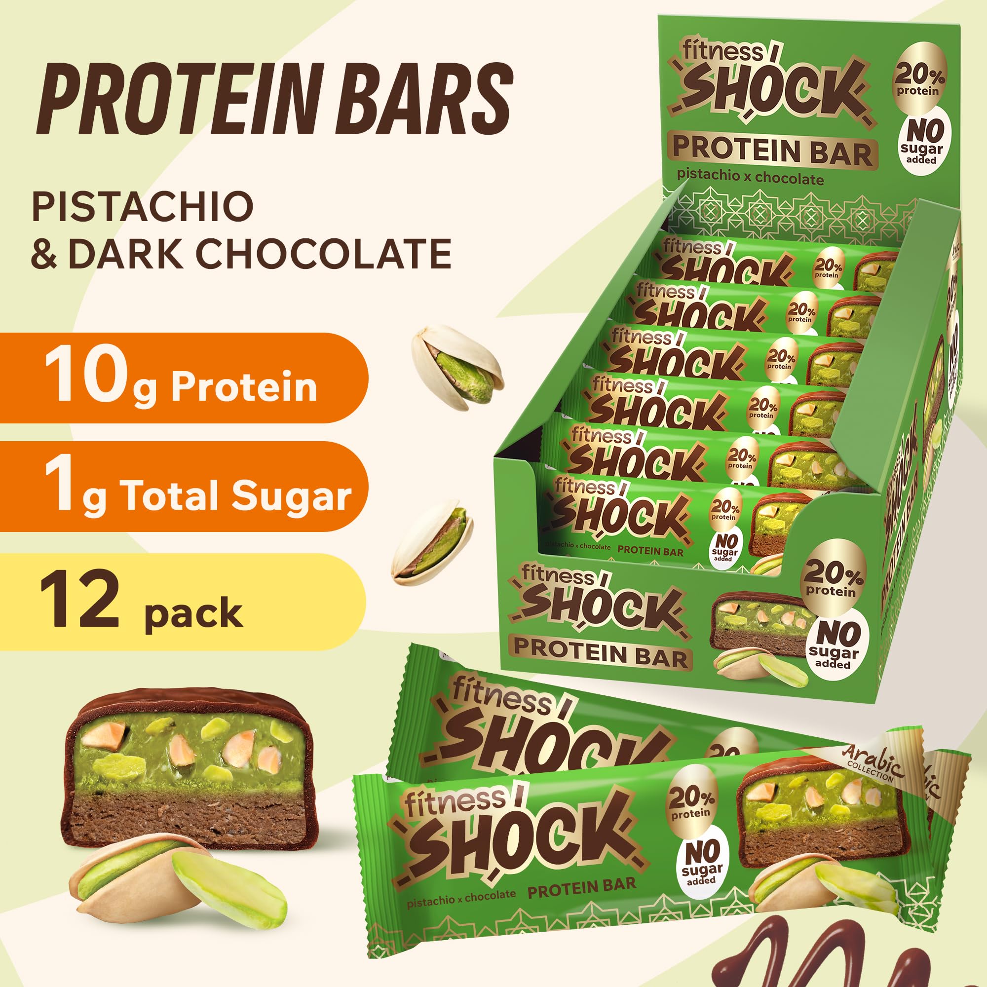 FitnesSHOCK bar with glossy chocolate coating highlighting smooth texture and flavor.