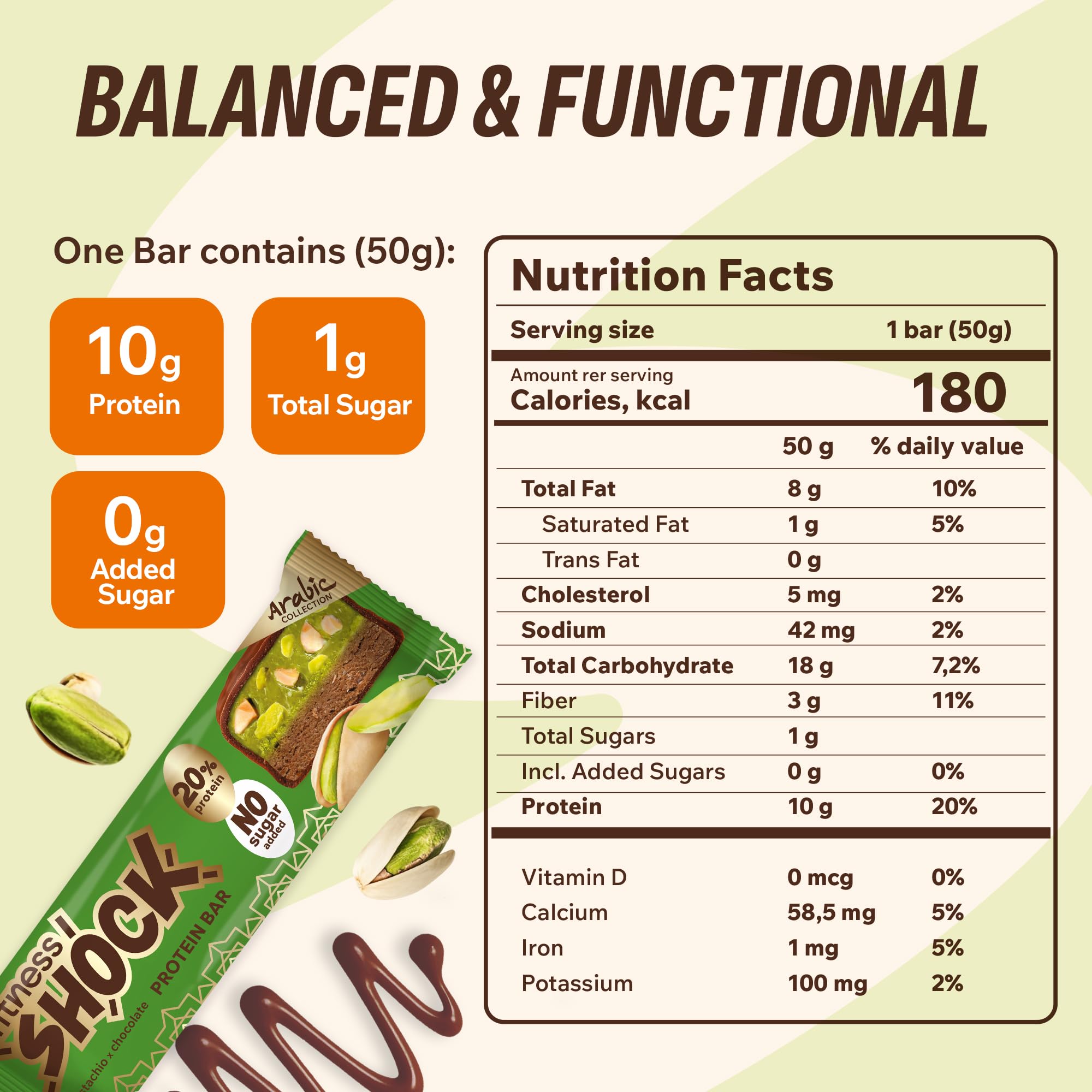 FitnesSHOCK bar unwrapped showing pistachio chunks for a protein-packed treat.