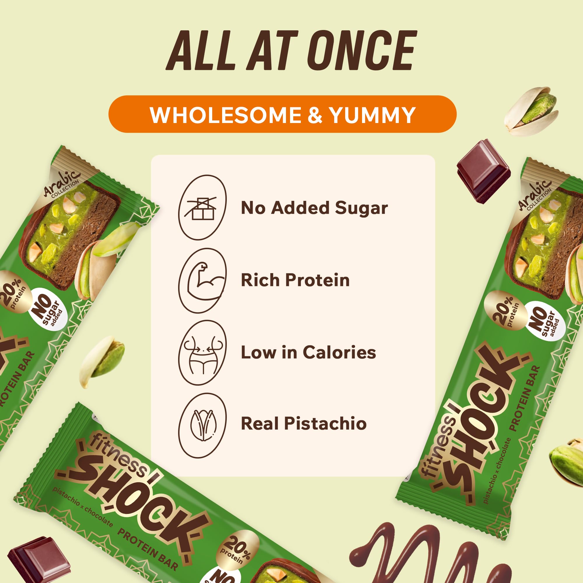 FitnesSHOCK bite into pistachio chocolate, signaling a dessert-inspired snack with low sugar.
