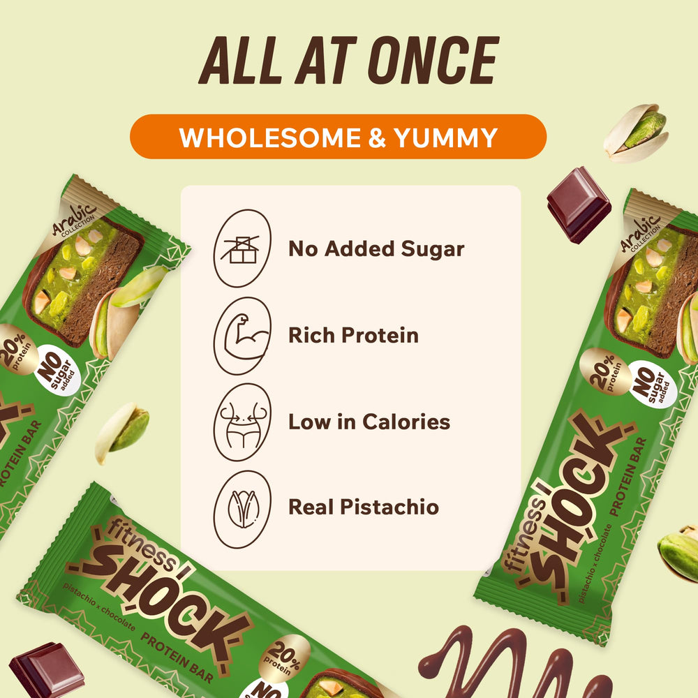 FitnesSHOCK bite into pistachio chocolate, signaling a dessert-inspired snack with low sugar.
