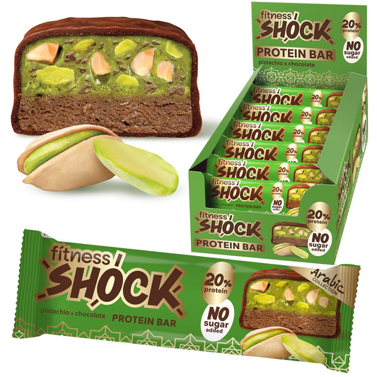 FitnesSHOCK pistachio & dark chocolate bar close-up with real pistachios for a satisfying on-the-go snack.