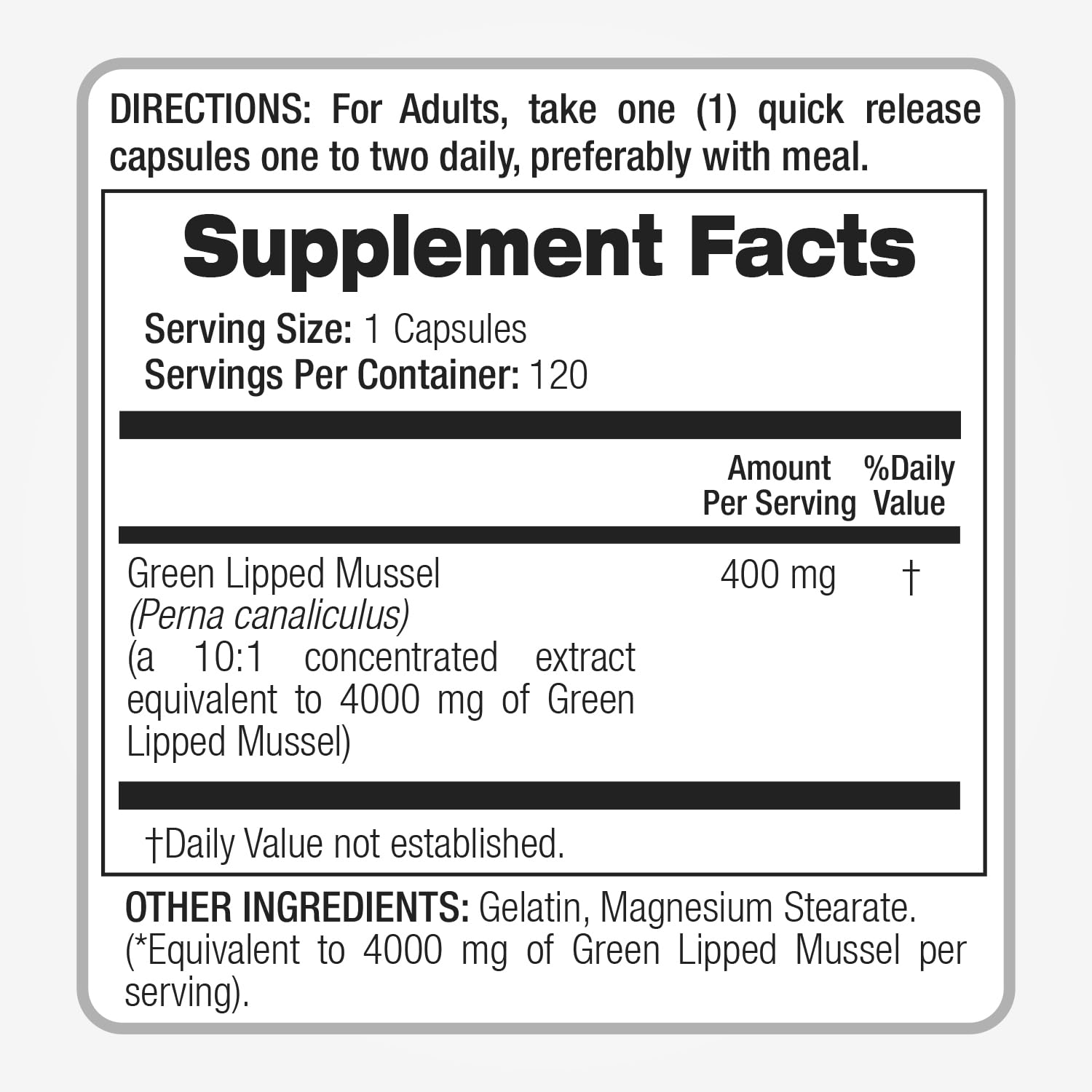 Back label information on FITO MEDIC'S mussel extract packaging.