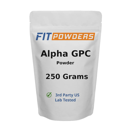 FitPowders Alpha GPC powder bottle with clear label for daily use