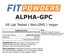 FitPowders Alpha GPC powder label highlights vegan, non-GMO formulation