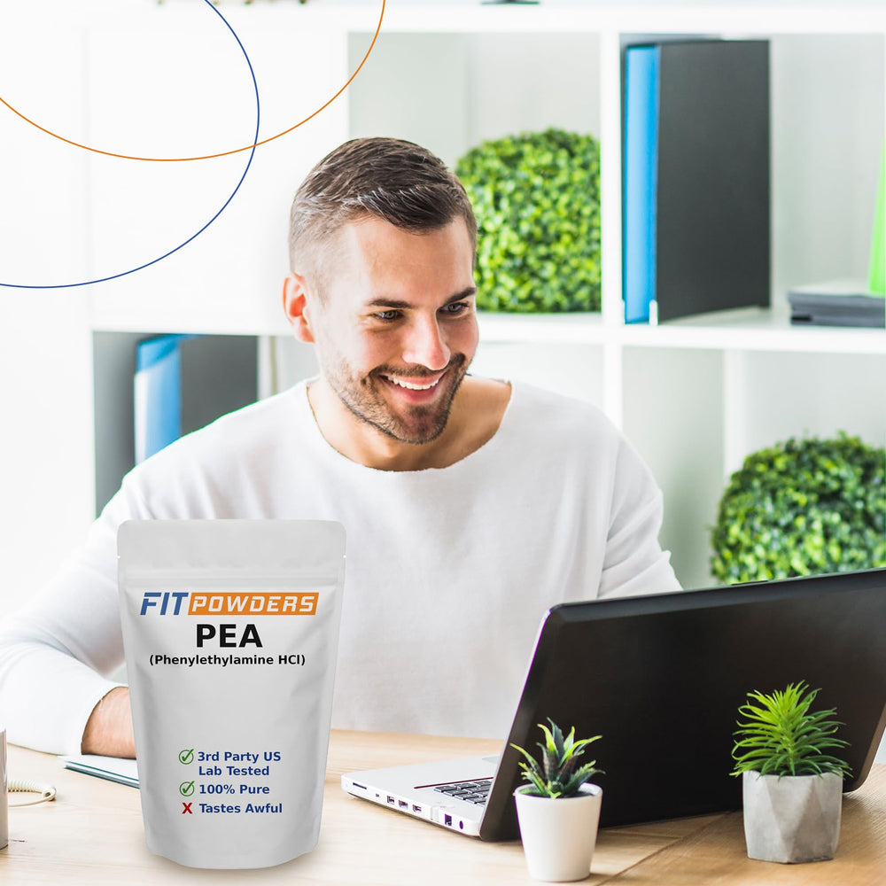 FitPowders Phenylethylamine powder closeup highlighting purity and absence of fillers.