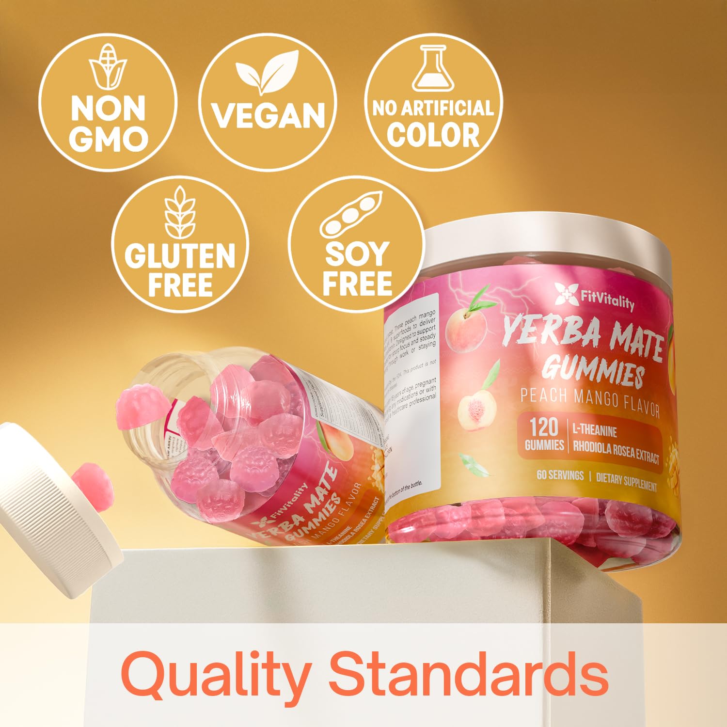 FitVitality 60 Yerba Mate Gummies vegan gluten-free label visible on packaging.