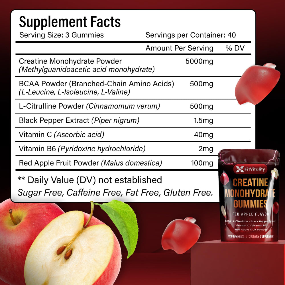 FitVitality Creatine Gummies bottle close-up highlights green apple flavor for tasty supplementation.