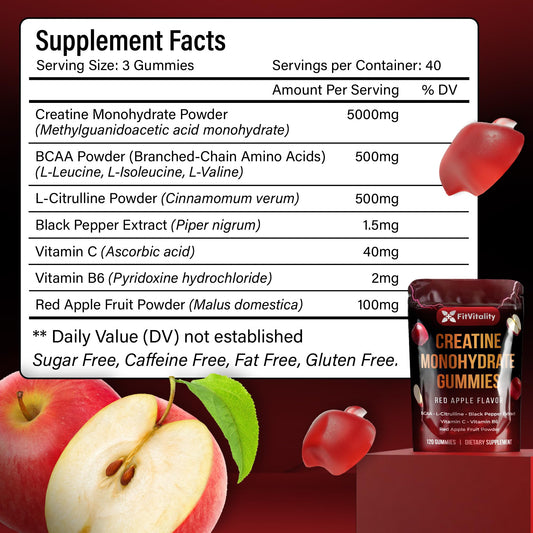 FitVitality Creatine Gummies bottle close-up highlights green apple flavor for tasty supplementation.