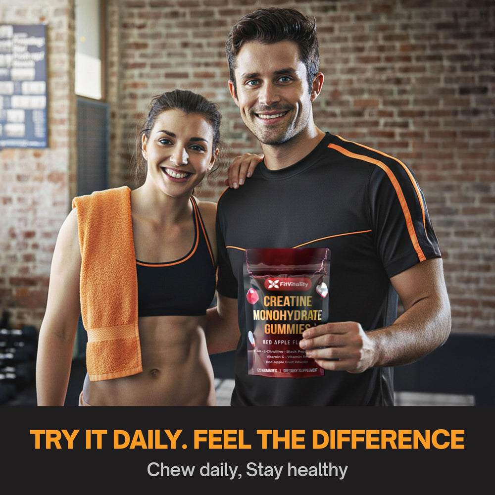 FitVitality Creatine Gummies vegan non-GMO icon on packaging
