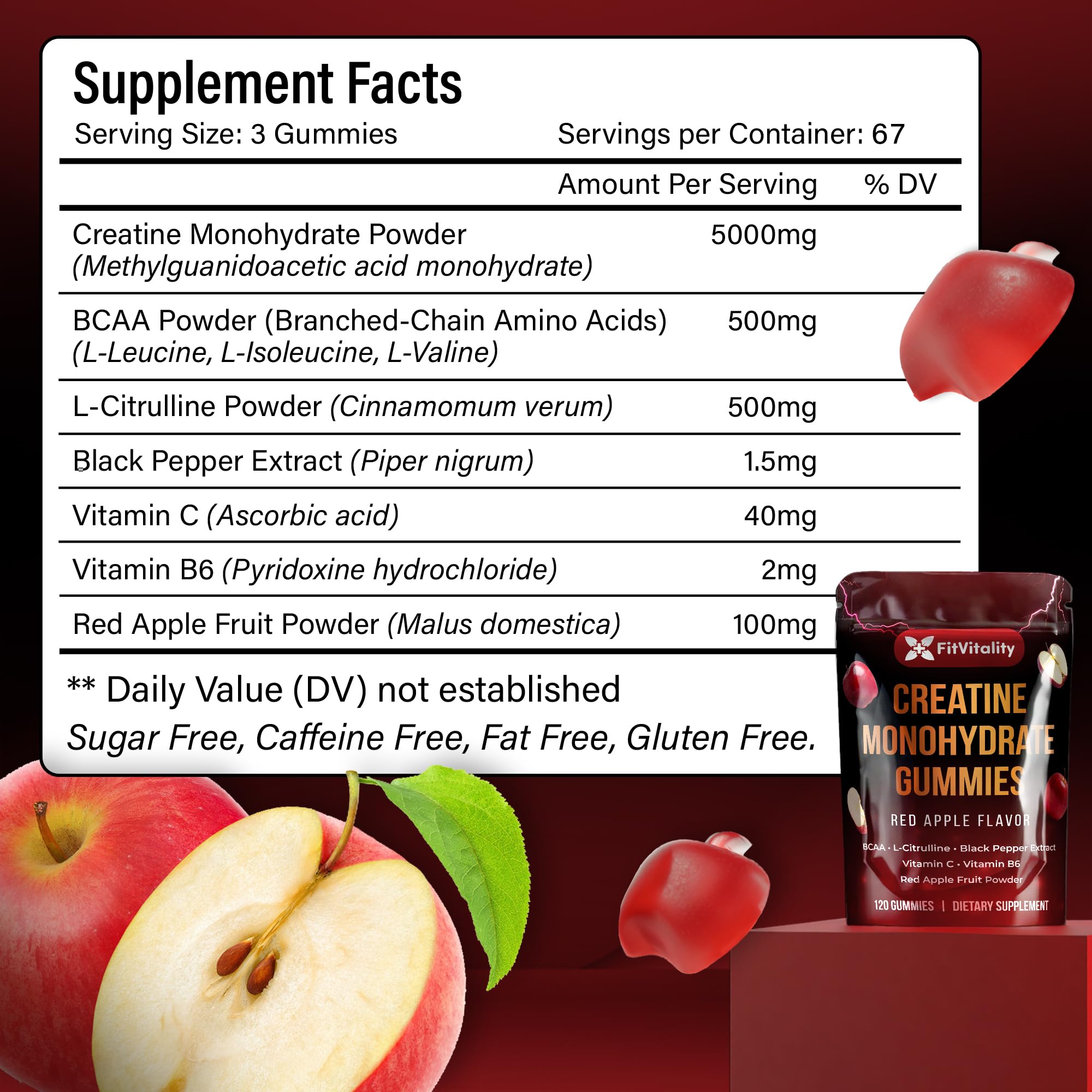 FitVitality Creatine Gummies being poured to show sugar-free red apple flavor