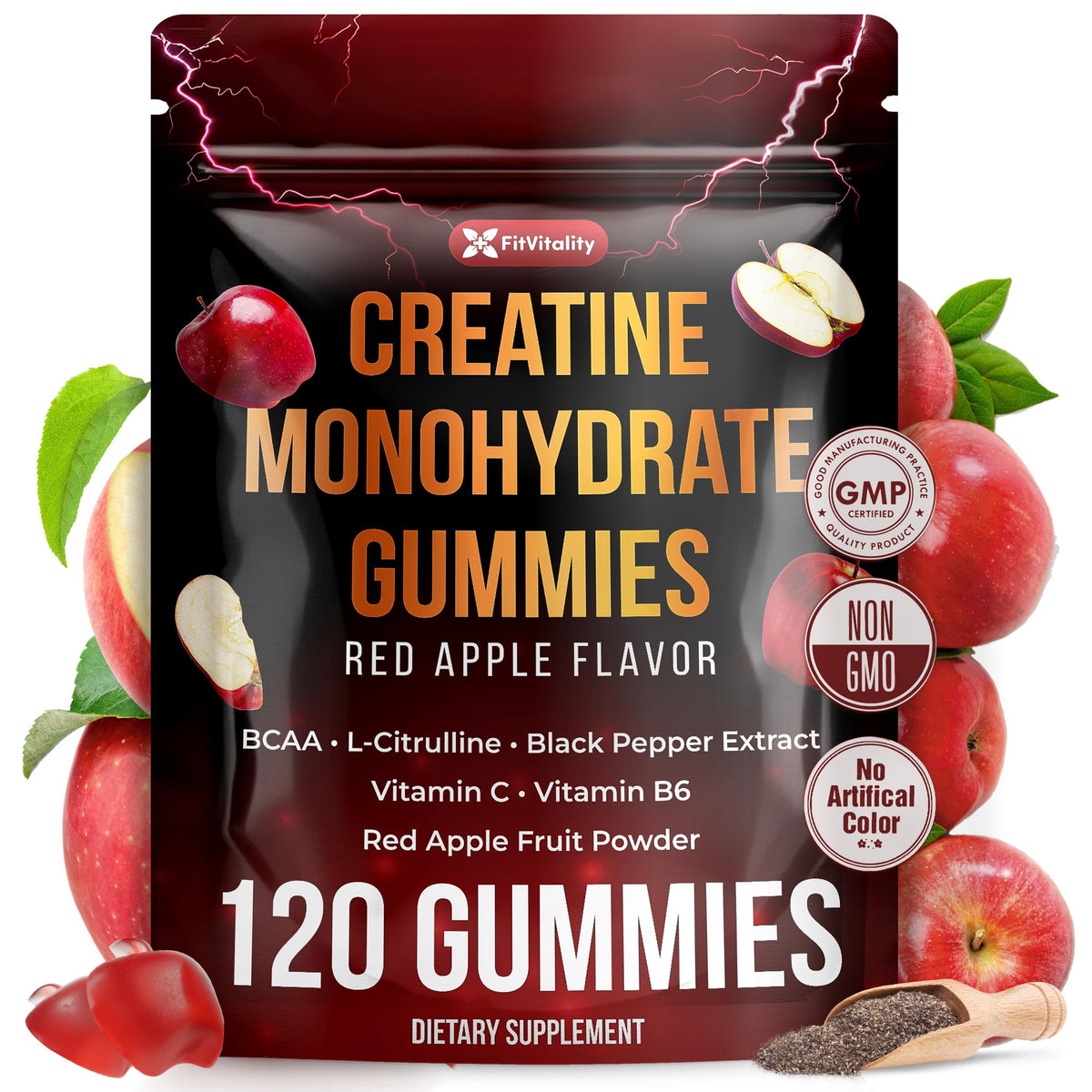 FitVitality Premium 120 Creatine Gummies pack shot demonstrates vegan and sugar-free formula for daily use.