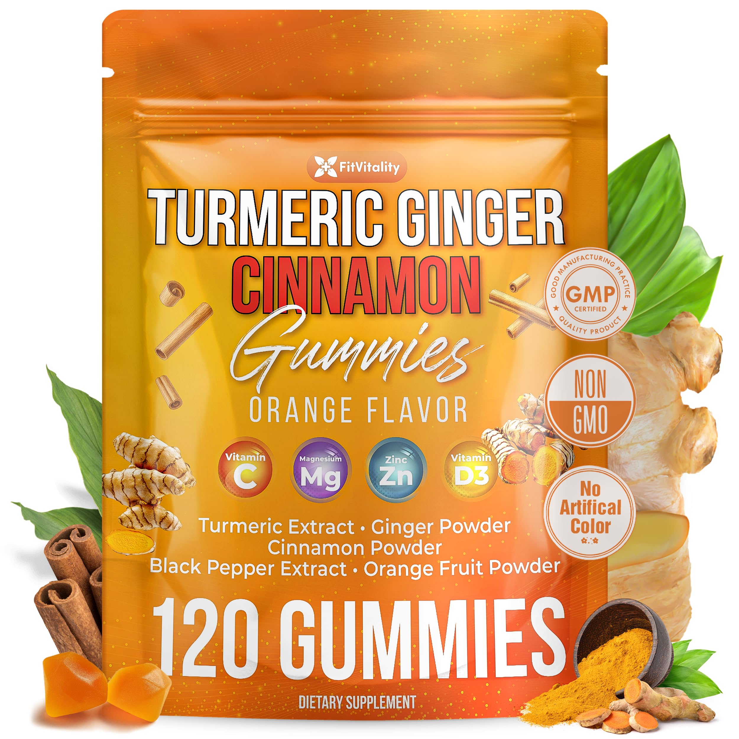 FitVitality Premium 120 gummies bottle showing turmeric-ginger-cinnamon blend for daily wellness.
