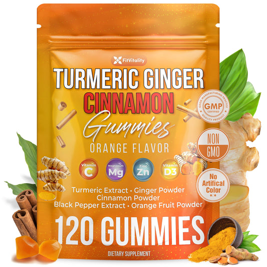 FitVitality Premium 120 gummies bottle showing turmeric-ginger-cinnamon blend for daily wellness.
