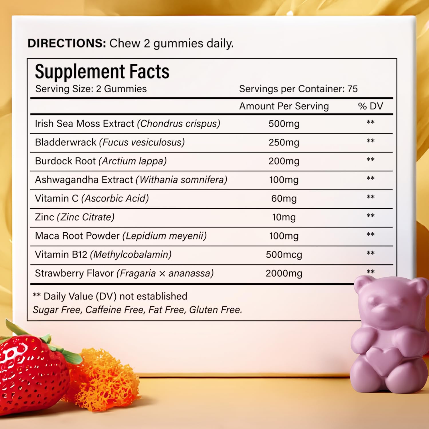 Close-up of FitVitality sea moss gummies highlights bright strawberry flavor and chewy texture.