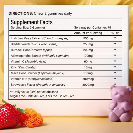 Close-up of FitVitality sea moss gummies highlights bright strawberry flavor and chewy texture.