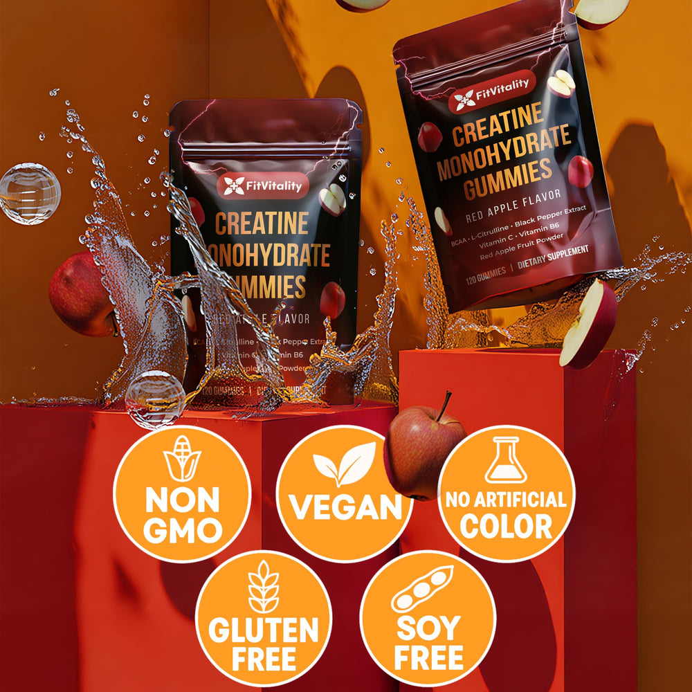 FitVitality 120 Creatine Gummies ingredient panel close-up emphasizes natural sweetener use.