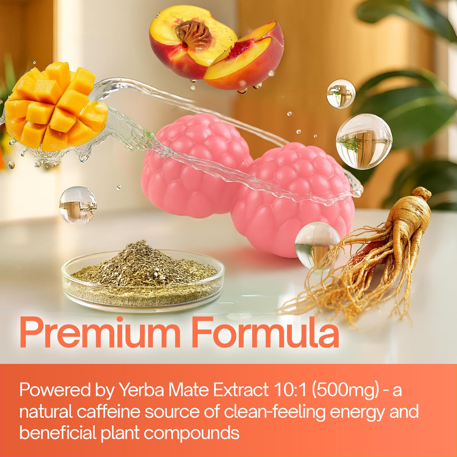 FitVitality Yerba Mate Gummies ingredients close-up featuring yerba mate extract and amino acids.