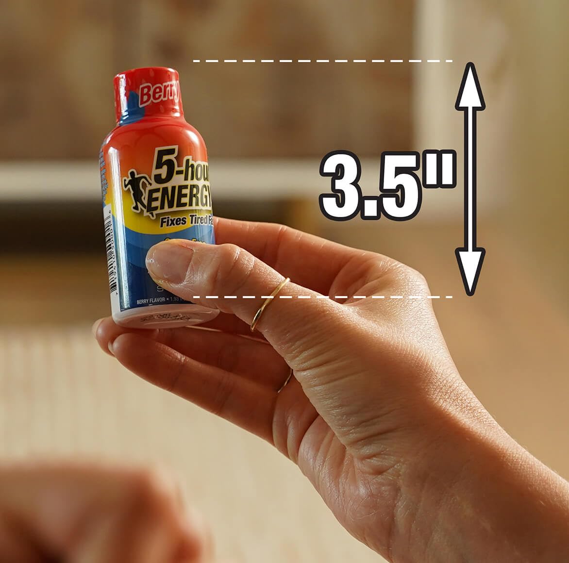 Five-hour ENERGY Berry Shot closeup highlights bottle design and trust.