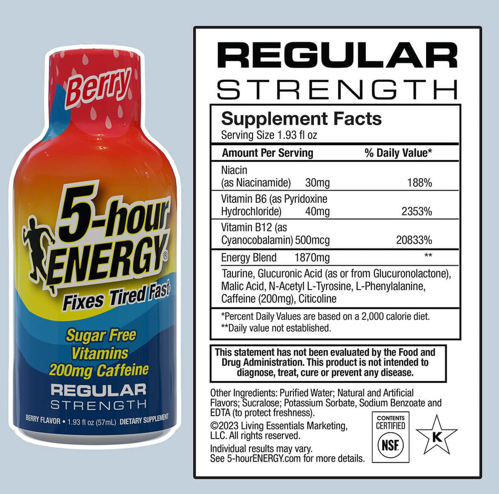 Five-hour ENERGY Berry Shot packaging highlights sugar-free formula.