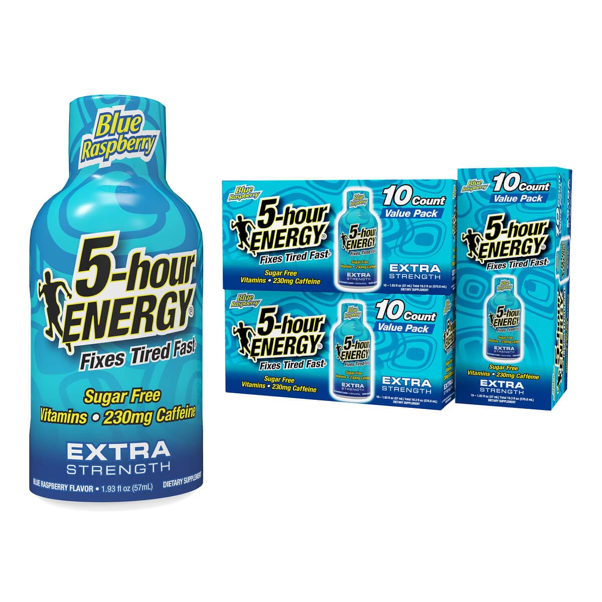 5-hour ENERGY blue raspberry shot front view, compact on-the-go energy