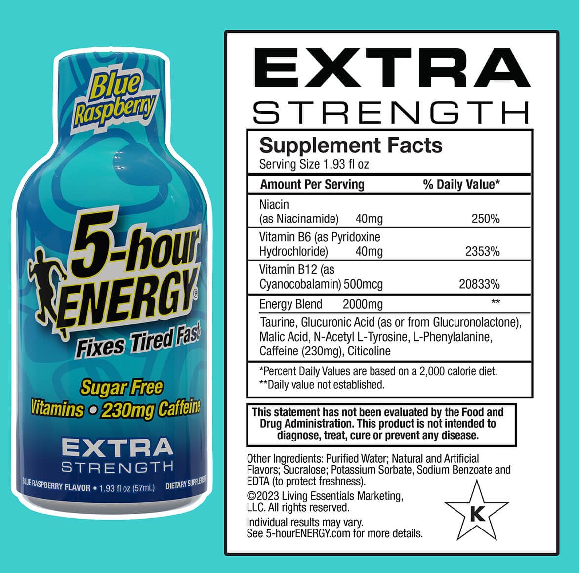5-hour ENERGY blue raspberry shot label showing caffeine and ingredients