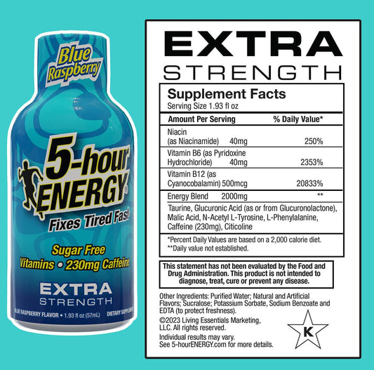 5-hour ENERGY blue raspberry shot label showing caffeine and ingredients